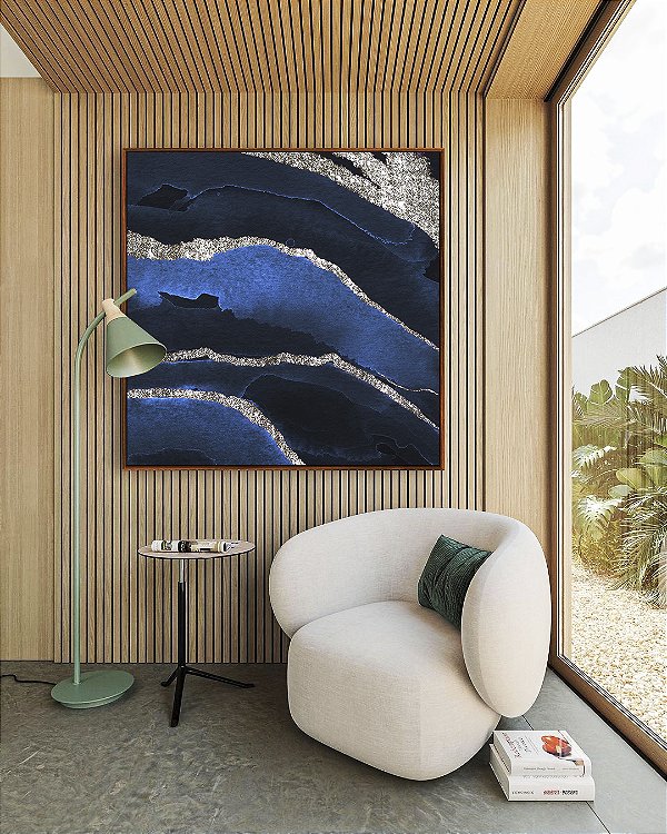 Quadro Quadrado Abstrato Cores Tons de Azul Prateado Textura Canvas Moldura