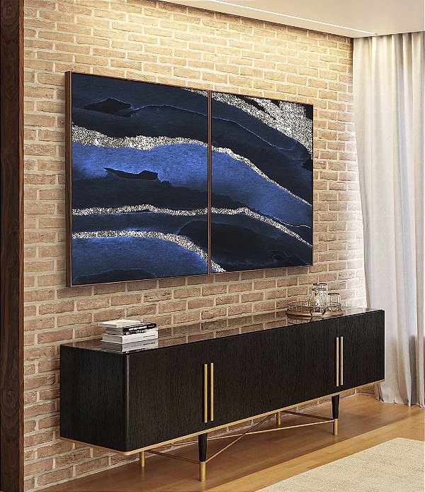 Duo de Quadros Abstrato Cores Tons de Azul Prateado Textura Canvas Moldura