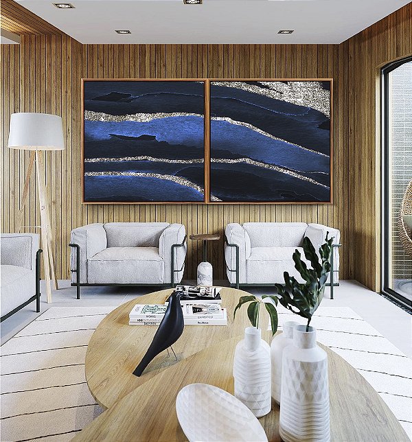 Duo de Quadros Quadrados Abstrato Cores Tons de Azul Prateado Textura Canvas Moldura