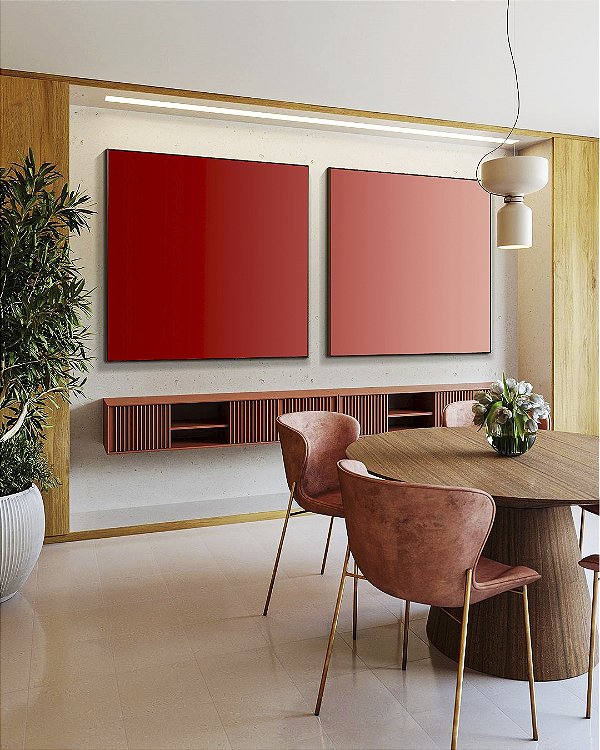 Duo de Quadros Quadrados Abstrato Degradê Vermelho Carmim Rosa Salmão Canvas Moldura