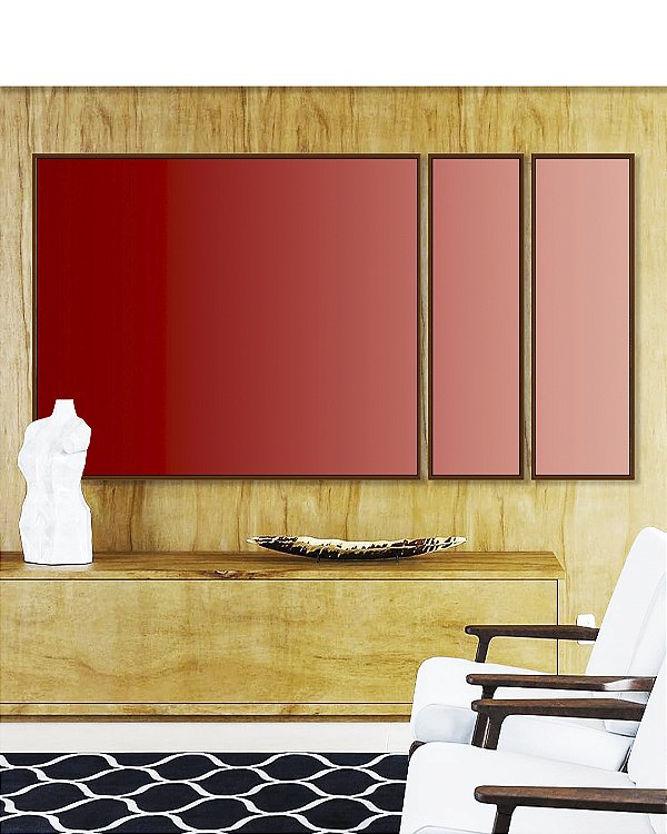 Trio de Quadros Estilizados Abstrato Degradê Vermelho Carmim Rosa Salmão Canvas Moldura