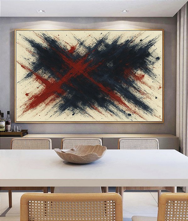Quadro Horizontal Abstrato Azul Vermelho Bordô Coral Textura Canvas Moldura