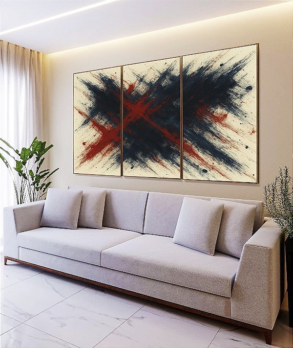 Trio de Quadros Abstrato Azul Vermelho Bordô Coral Textura Canvas Moldura