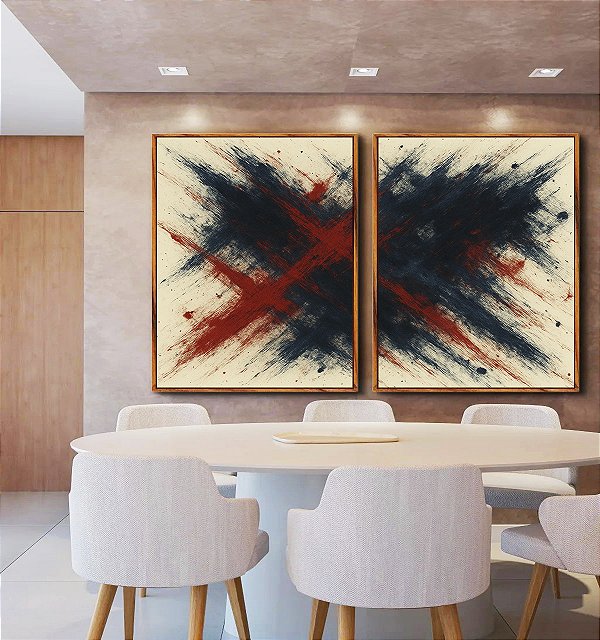 Duo de Quadros Abstrato Azul Vermelho Bordô Coral Textura Canvas Moldura
