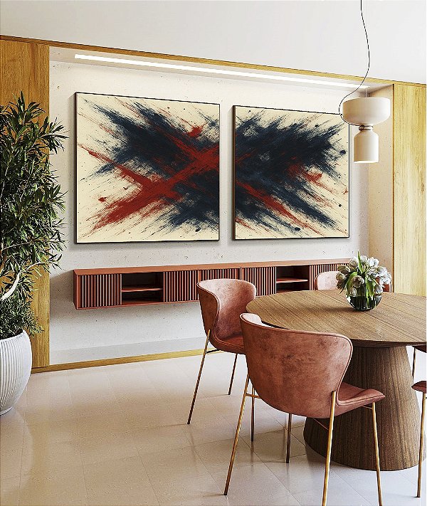 Duo de Quadros Quadrados Abstrato Azul Vermelho Bordô Coral Textura Canvas Moldura