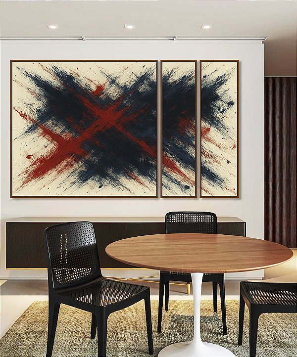 Trio de Quadros Estilizados Abstrato Azul Vermelho Bordô Coral Textura Canvas Moldura