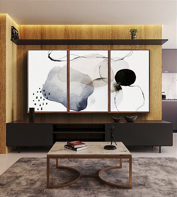 Trio de Quadros Abstrato Azul Rosa Preto Minimalista Estilo Escandinavo Canvas Moldura