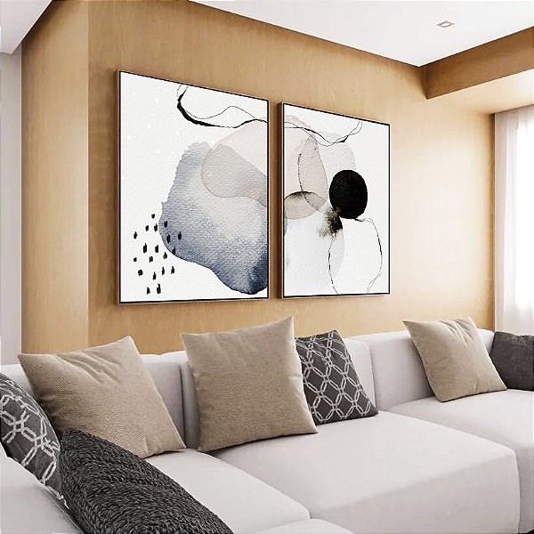 Duo de Quadros Abstrato Azul Rosa Preto Minimalista Estilo Escandinavo Canvas Moldura