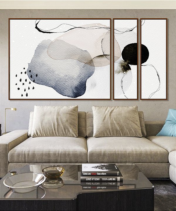 Trio de Quadros Estilizados Abstrato Azul Rosa Preto Minimalista Estilo Escandinavo Canvas Moldura