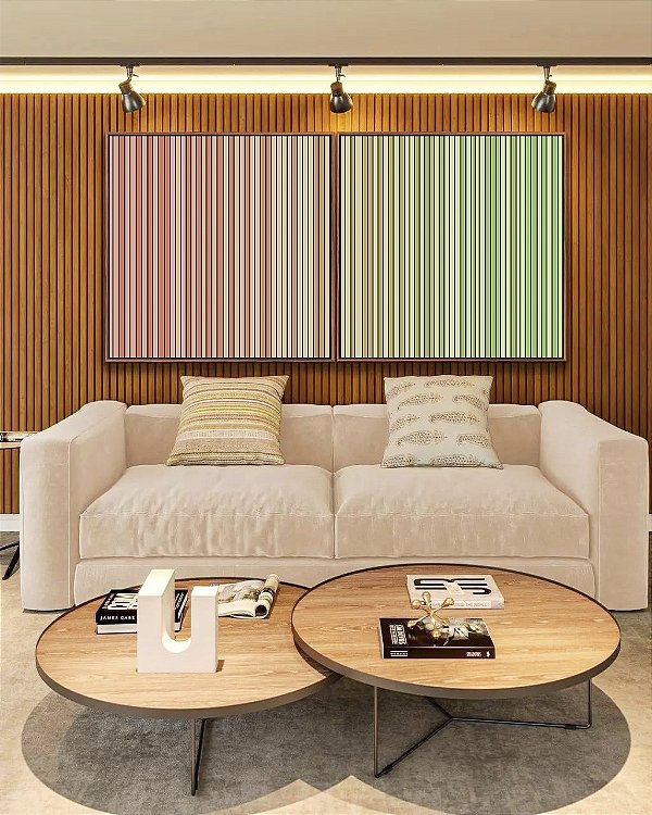 Duo de Quadros Quadrados Abstrato Degradê Listras Rosa Salmão Verde Menta Canvas Moldura