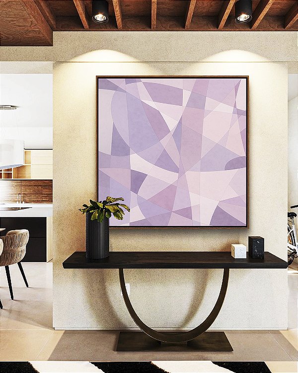Quadro Quadrado Abstrato Mosaico Roxo Lavanda Rosa Branco Canvas Moldura