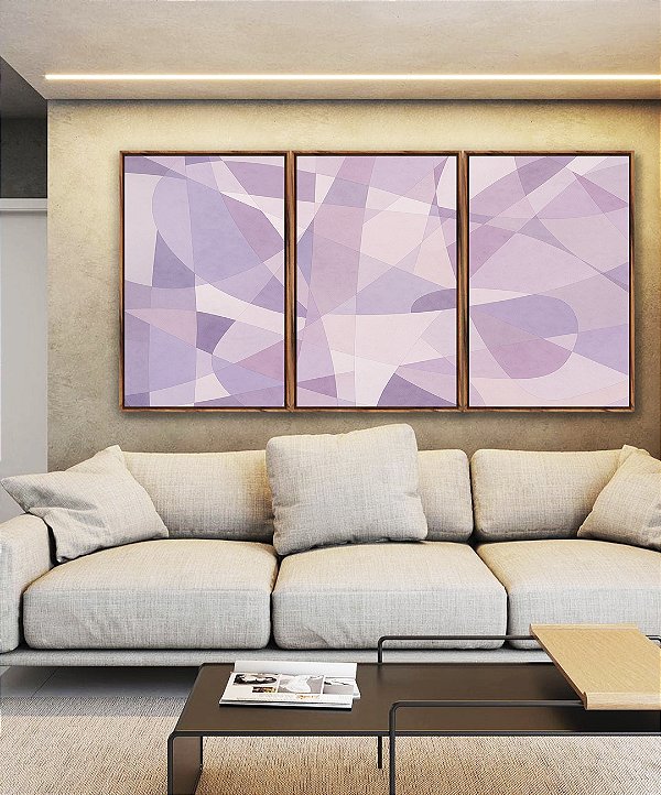 Trio de Quadros Abstrato Mosaico Roxo Lavanda Rosa Branco Canvas Moldura