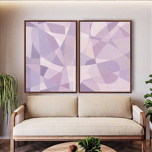 Duo de Quadros Abstrato Mosaico Roxo Lavanda Rosa Branco Canvas Moldura