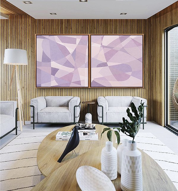 Duo de Quadros Quadrados Abstrato Mosaico Roxo Lavanda Rosa Branco Canvas Moldura