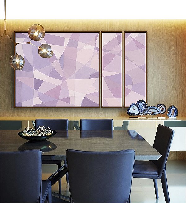 Trio de Quadros Estilizados Abstrato Mosaico Roxo Lavanda Rosa Branco Canvas Moldura