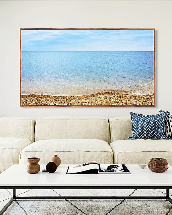 Quadro Horizontal Mar Azul Céu Claro Praia e Pedras Natureza Canvas Moldura