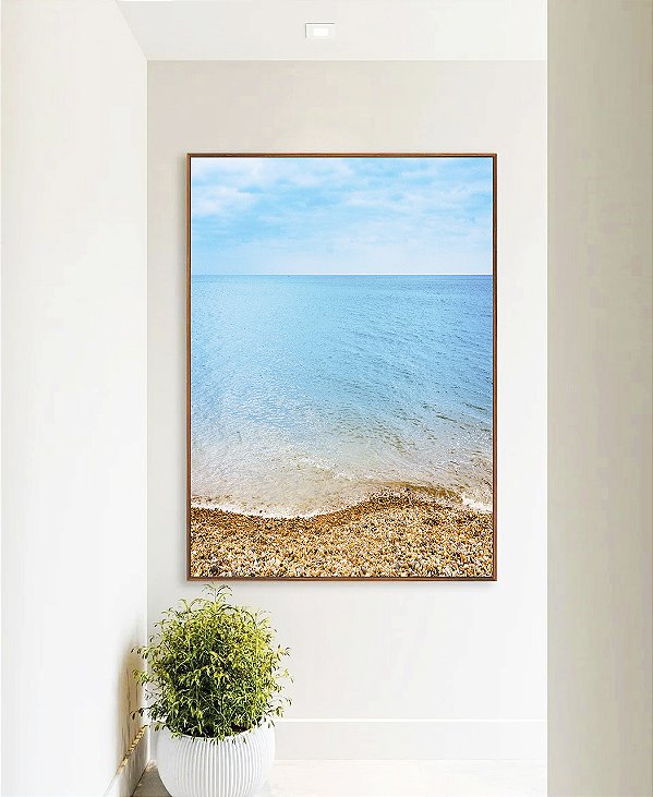 Quadro Vertical Mar Azul Céu Claro Praia e Pedras Natureza Canvas Moldura