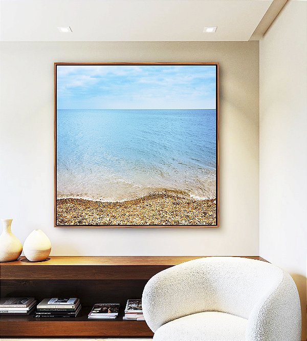 Quadro Quadrado Mar Azul Céu Claro Praia e Pedras Natureza Canvas Moldura