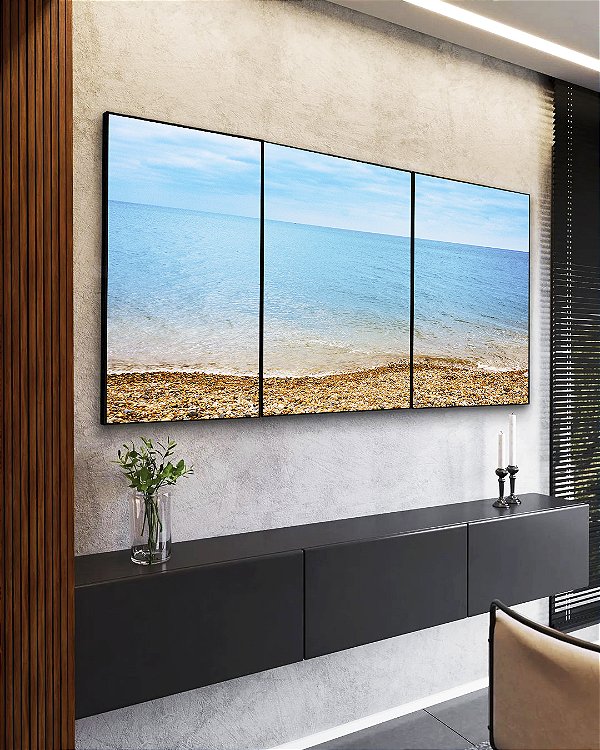 Trio de Quadros Mar Azul Céu Claro Praia e Pedras Natureza Canvas Moldura