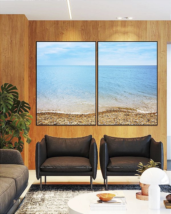 Duo de Quadros Mar Azul Céu Claro Praia e Pedras Natureza Canvas Moldura