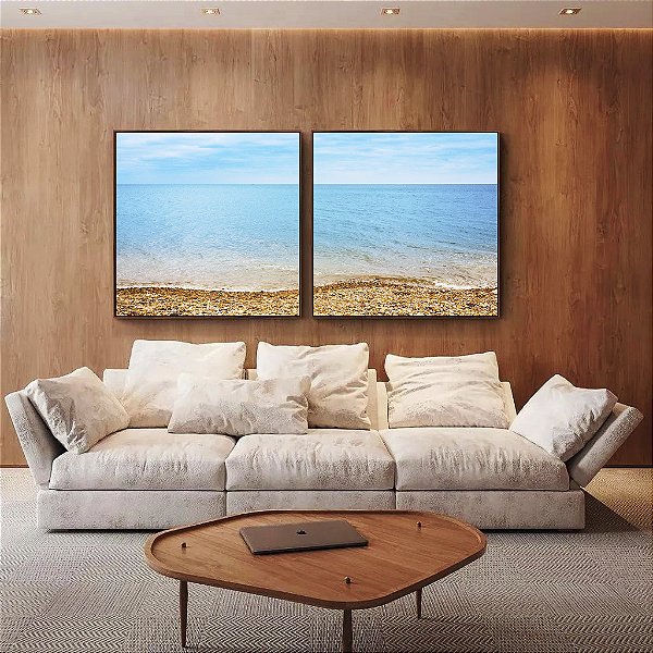 Duo de Quadros Quadrados Mar Azul Céu Claro Praia e Pedras Natureza Canvas Moldura