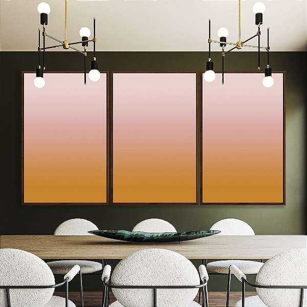 Trio de Quadros Abstrato Degradê Coral e Marfim Canvas Moldura