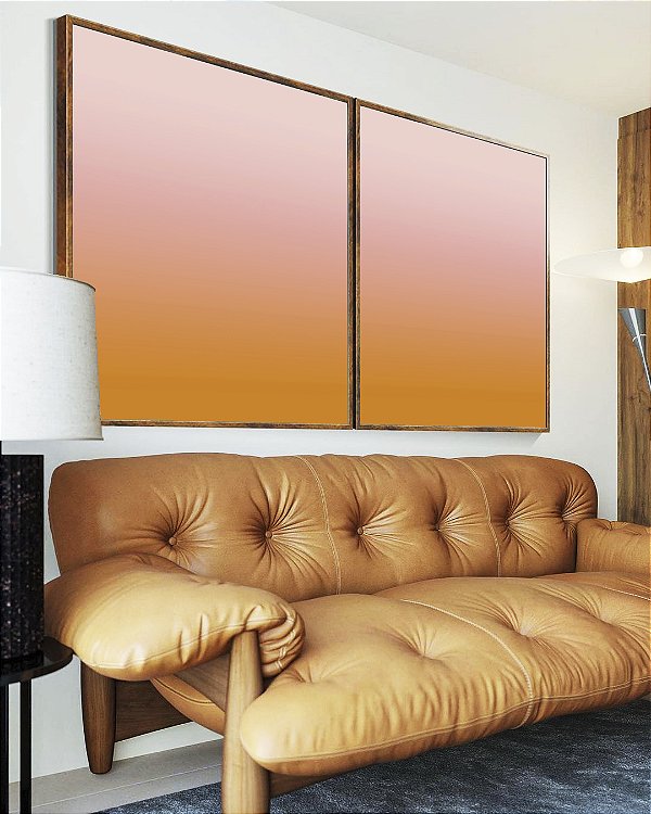Duo de Quadros Abstrato Degradê Coral e Marfim Canvas Moldura