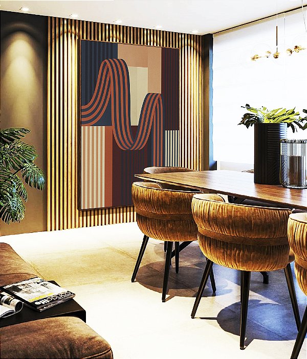 Quadro Vertical Abstrato Geométrico Listras Azul Salmão Vermelho Bordô Canvas Moldura