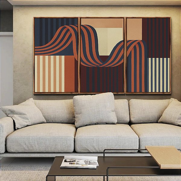 Trio de Quadros Abstrato Geométrico Listras Azul Salmão Vermelho Bordô Canvas Moldura