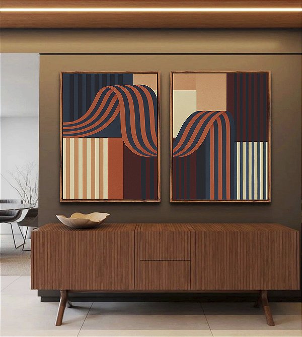 Duo de Quadros Abstrato Geométrico Listras Azul Salmão Vermelho Bordô Canvas Moldura