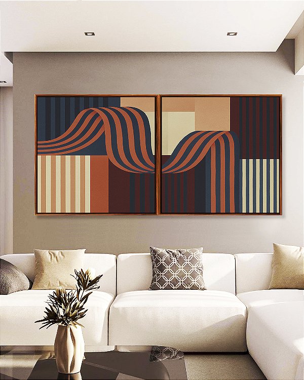 Duo de Quadros Quadrados Abstrato Geométrico Listras Azul Salmão Vermelho Bordô Canvas Moldura