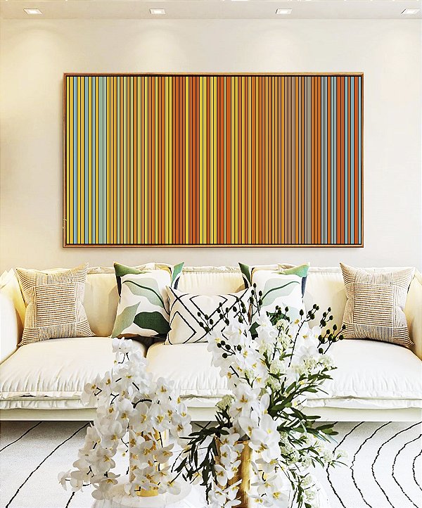 Quadro Horizontal Degradê Listras Amarelo Ouro Laranja Tangerina Azul Canvas Moldura