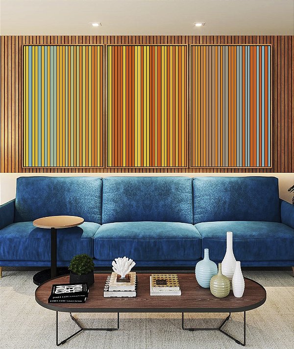 Trio de Quadros Degradê Listras Amarelo Ouro Laranja Tangerina Azul Canvas Moldura