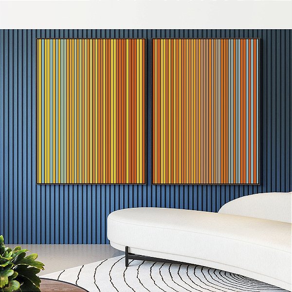 Duo de Quadros Degradê Listras Amarelo Ouro Laranja Tangerina Azul Canvas Moldura