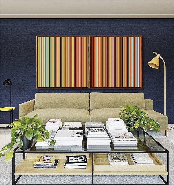 Duo de Quadros Quadrados Degradê Listras Amarelo Ouro Laranja Tangerina Azul Canvas Moldura