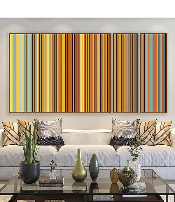 Trio de Quadros Estilziados Degradê Listras Amarelo Ouro Laranja Tangerina Azul Canvas Moldura