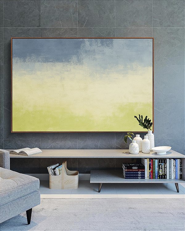 Quadro Horizontal Abstrato Azul Celeste Verde Menta Efeito Pintura Canvas Moldura