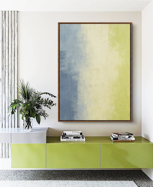 Quadro Vertical Abstrato Azul Celeste Verde Menta Efeito Pintura Canvas Moldura