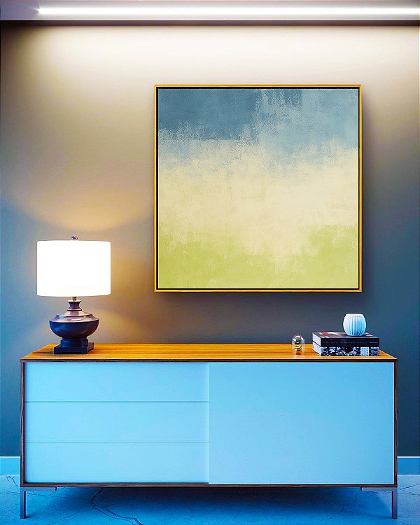 Quadro Quadrado Abstrato Azul Celeste Verde Menta Efeito Pintura Canvas Moldura