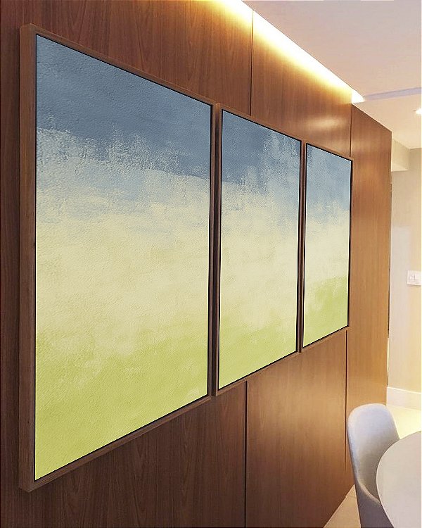 Trio de Quadros Abstrato Azul Celeste Verde Menta Efeito Pintura Canvas Moldura