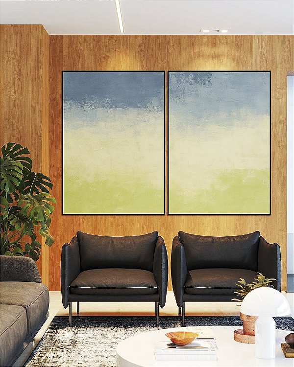 Duo de Quadros Abstrato Azul Celeste Verde Menta Efeito Pintura Canvas Moldura