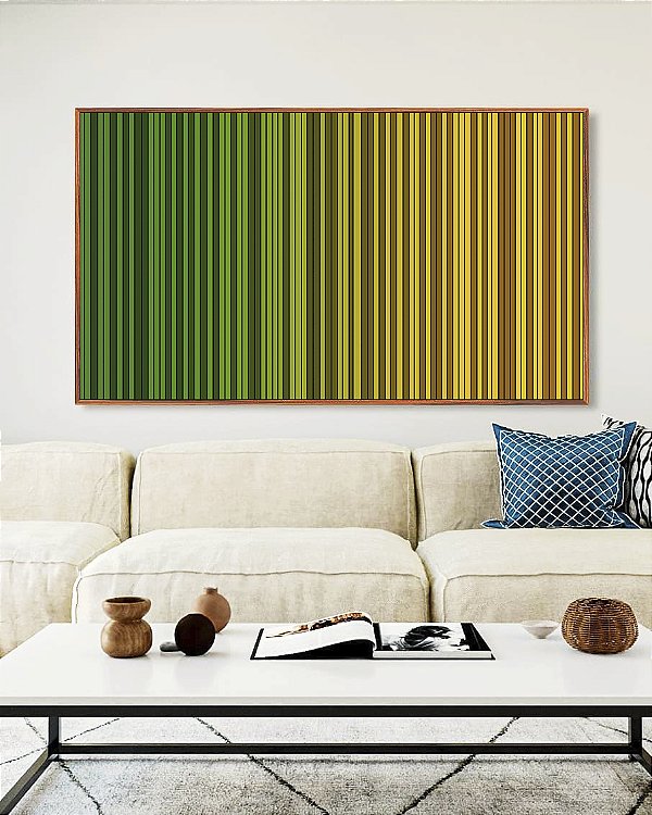 Quadro Horizontal Abstrato Degradê Listras Verde Esmeralda Amarelo Ouro Canvas Moldura