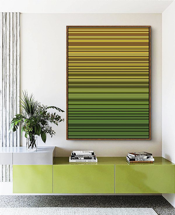 Quadro Vertical Abstrato Degradê Listras Verde Esmeralda Amarelo Ouro Canvas Moldura