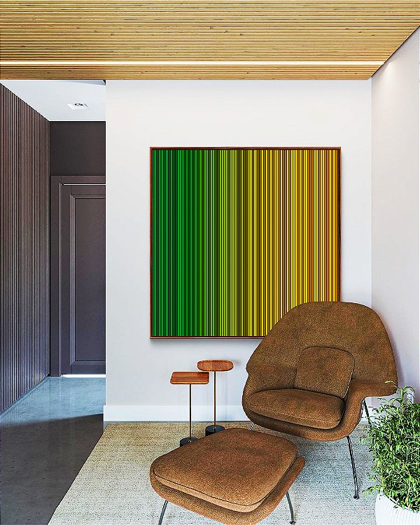 Quadro Quadrado Abstrato Degradê Listras Verde Esmeralda Amarelo Ouro Canvas Moldura