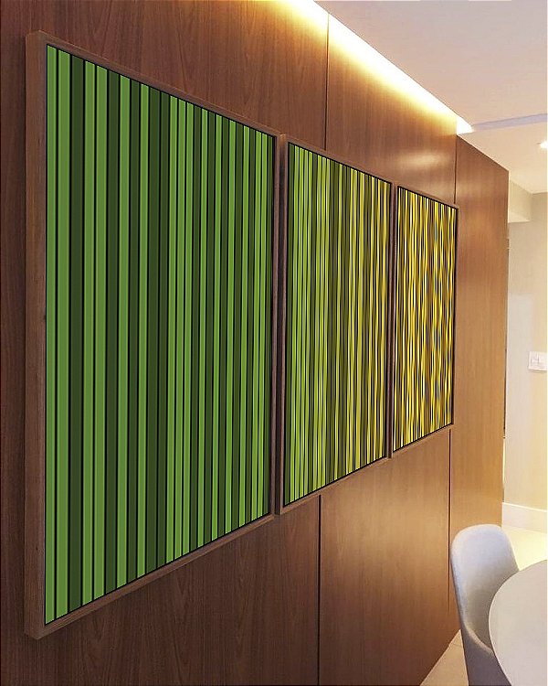 Trio de Quadros Abstrato Degradê Listras Verde Esmeralda Amarelo Ouro Canvas Moldura