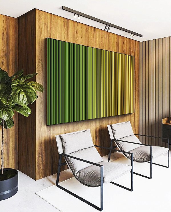 Duo de Quadros Abstrato Degradê Listras Verde Esmeralda Amarelo Ouro Canvas Moldura