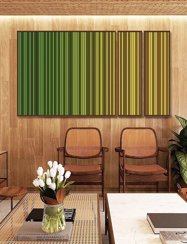Trio de Quadros Estilizados Abstrato Degradê Listras Verde Esmeralda Amarelo Ouro Canvas Moldura