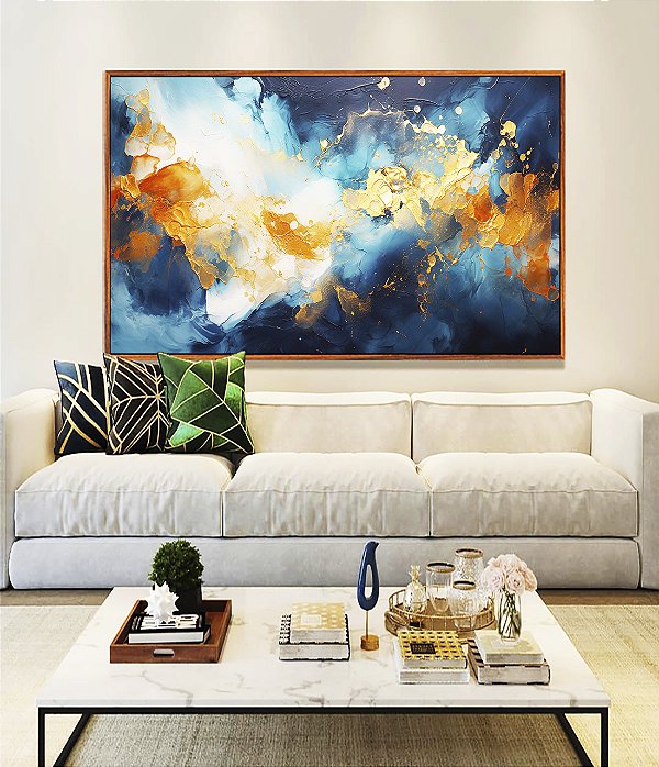 Quadro Horizontal Abstrato Tons de Azul Branco Dourado Pouring Canvas Moldura