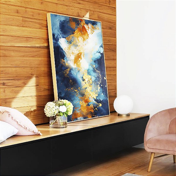 Quadro Vertical Abstrato Tons de Azul Branco Dourado Pouring Canvas Moldura