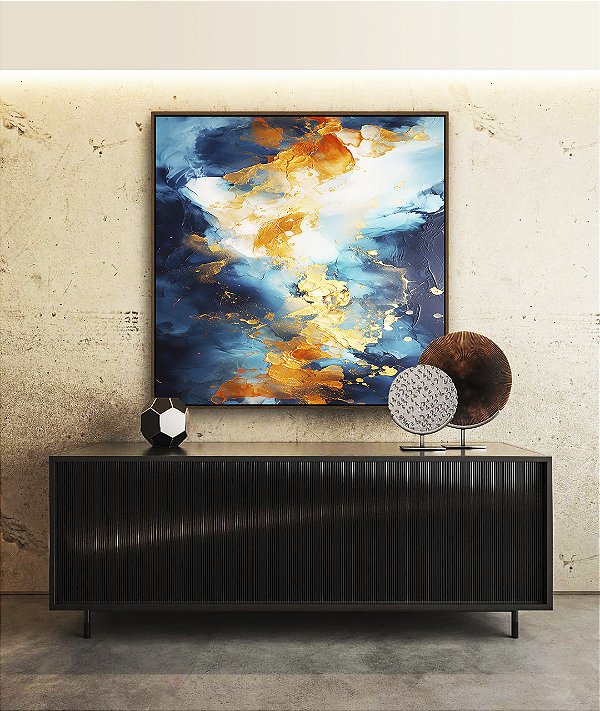Quadro Quadrado Abstrato Tons de Azul Branco Dourado Pouring Canvas Moldura